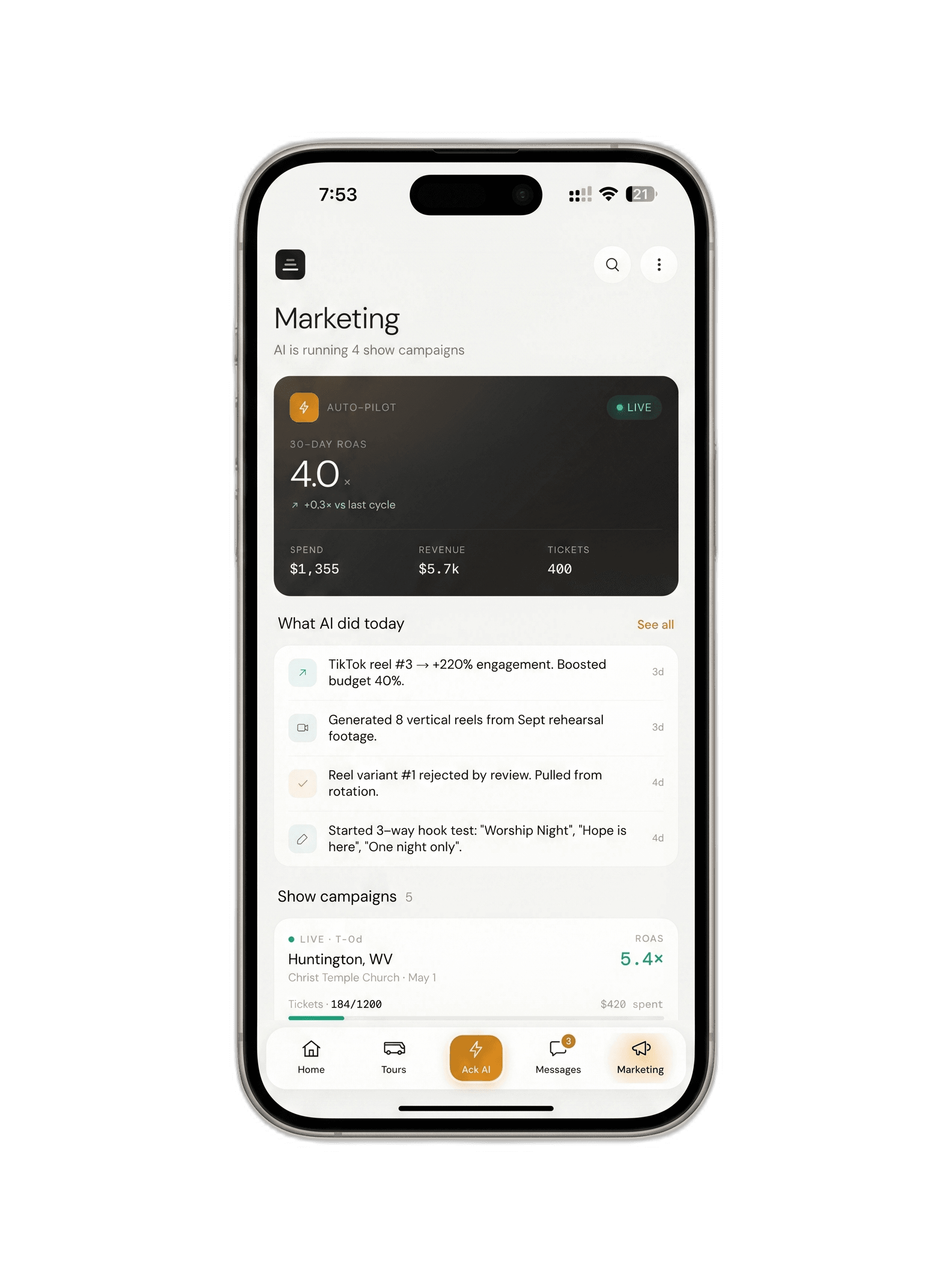 The marketing dashboard: show campaigns with tickets sold, spend, and return