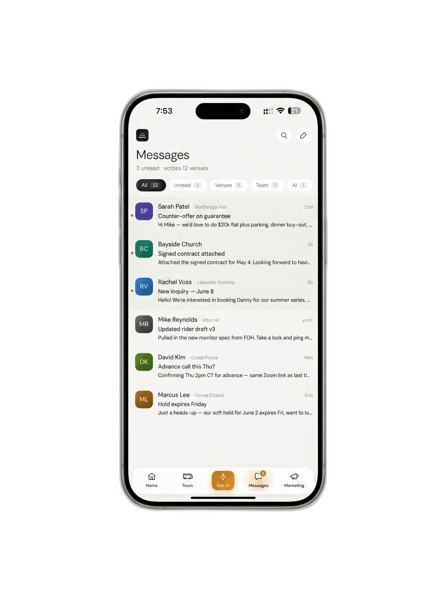 Connect Live AI messages inbox with venue conversations grouped by source