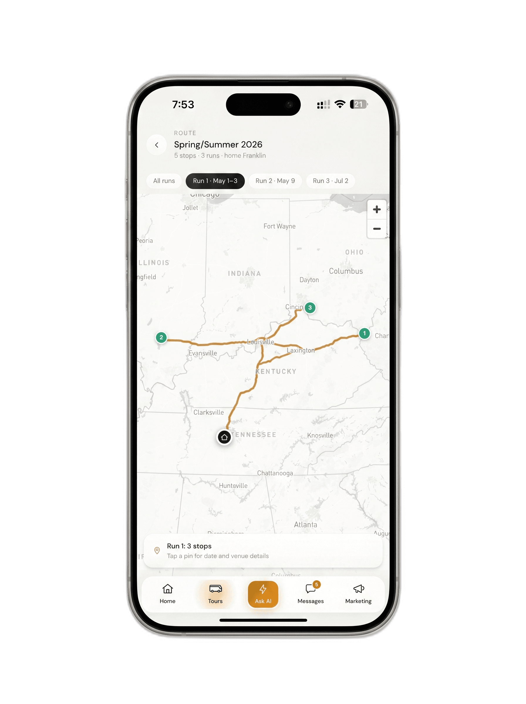 Connect Live AI tour route map across Kentucky, Indiana, and Tennessee