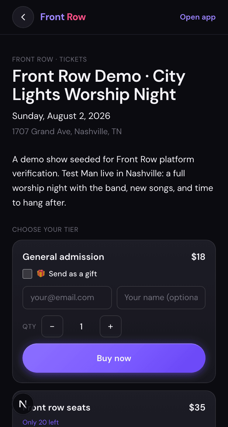 A live Front Row ticket page: tiers with prices, a send-as-a-gift option, and one-tap checkout