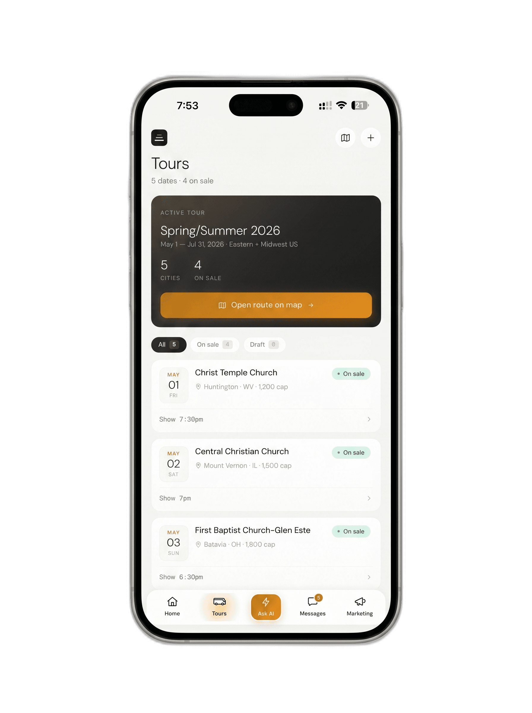 Connect Live AI tours list showing five dates with on-sale status and capacity